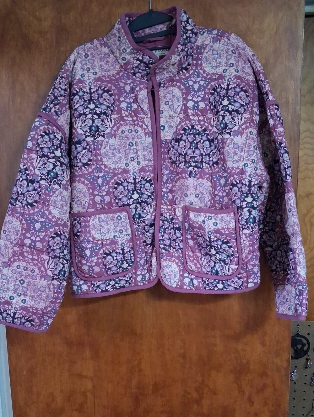 Free People Quilted Floral Bomber Jacket in Dusty Mauve and Cream